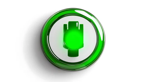 Green circular power icon glows with glossy depth.