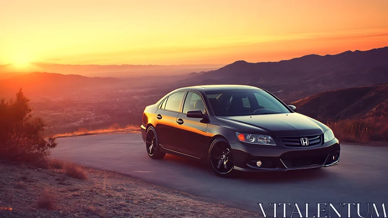 Black Honda sedan parked on mountain road at sunset.