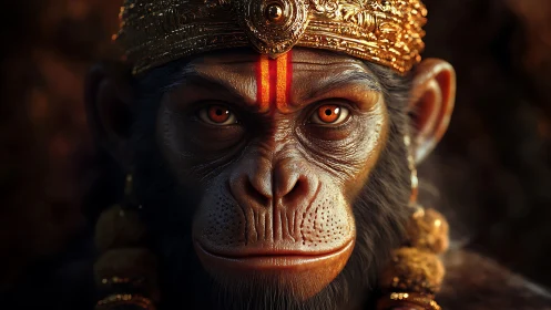Regal monkey portrait with ornate golden crown and glare.