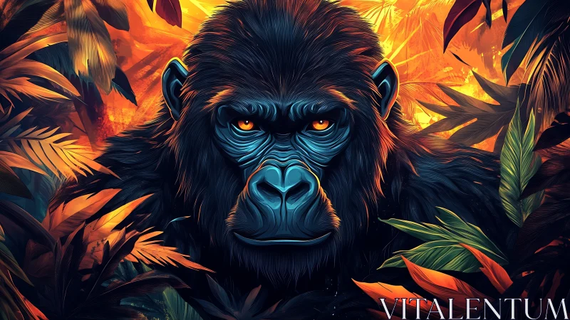 Digital gorilla portrait centers frontal gaze amid foliage
