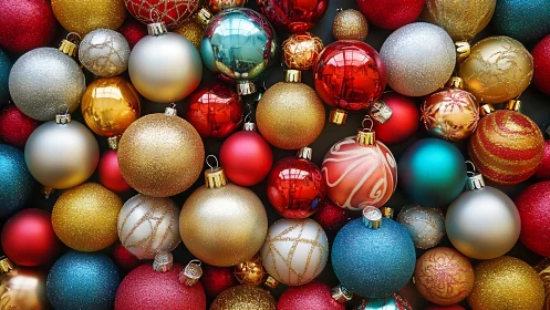 Colorful Christmas ornaments in a dense festive arrangement.
