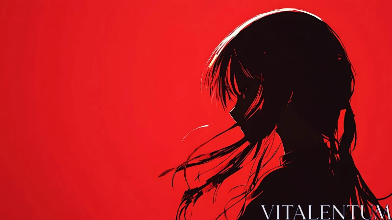 Crimson horizon silhouette of windswept anime girl in profile.