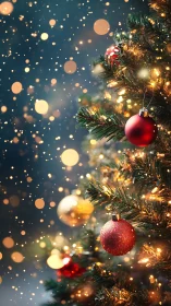 Close view of decorated Christmas tree with ornaments.