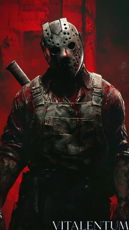 Masked figure in bloodstained overalls stands before red field