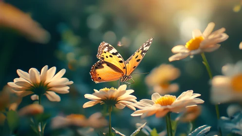 Orange butterfly over white daisies in soft garden light.