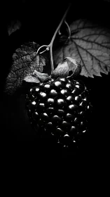 Black and white closeup of a single ripe blackberry.