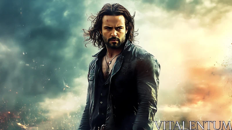 Long haired man in dark shirt against dramatic sky backdrop.