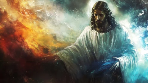 Messianic figure divides turbulent fire and water with luminous aura