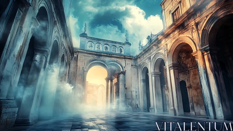 Sunlit mist drifting through ancient stone colonnades.