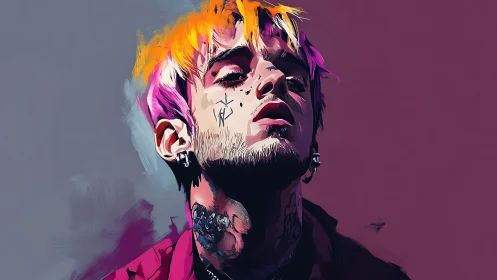 Neon-lit portrait with bold tattoos and saturated contrasts.