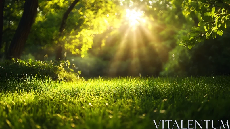 Sunlit Forest Glade with Lush Green Grass in Soft Focus Style.