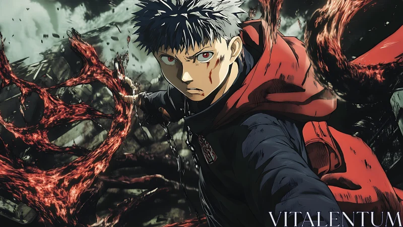 Fierce young fighter unleashes dark swirling power burst.