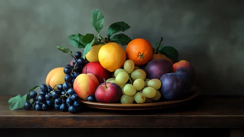 Fruit still life glows under soft chiaroscuro studio light.
