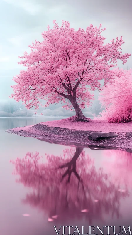 Solitary pink blossom tree reflects over still mirrored water