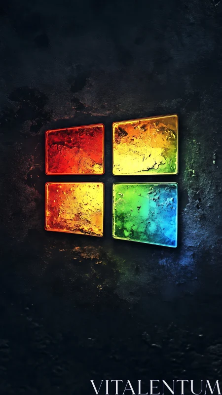 Textured glass quadrants emit neon glow on dark rough surface