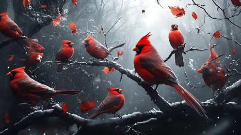 Vivid Red Cardinals on Snowy Branches in Dramatic Winter Forest.