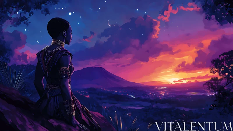 Woman in regal attire watches a luminous violet sunset.
