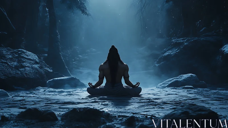 Moonlit ascetic meditating in a misty blue forest cavern.