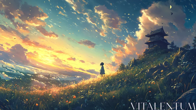 Sunlit hilltop and lone child watch clouds ignite at dusk.