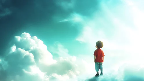Young child standing on bright clouds under teal sky.