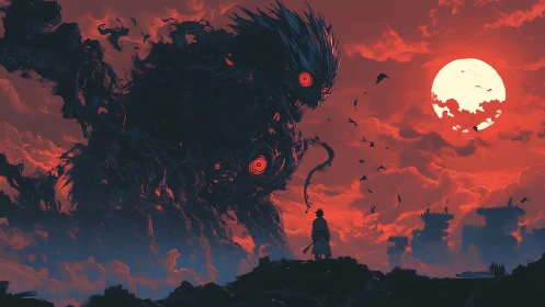 Samurai confronts colossal shadow demon under blood moon.