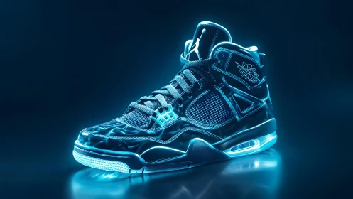 Futuristic neon-lit sneaker in glowing blue digital art style.