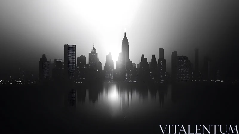 Monochrome city skyline glows through dramatic backlight.