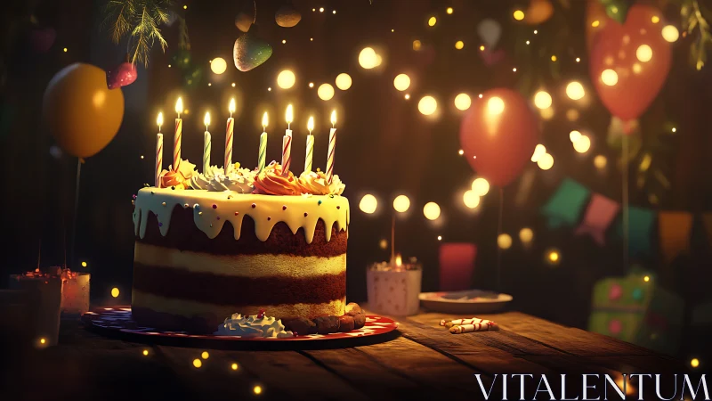 Illuminated tiered cake with burning candles surrounded by bokeh lights and festive ornaments.