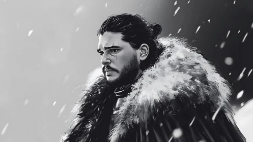 Snowbound warrior studies the storm with quiet resolve.