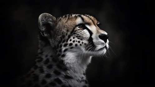 Cheetah portrait emerges from deep shadow with sharp detail