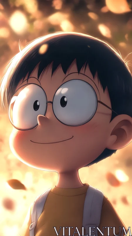 Smiling boy with glasses in glowing autumn light.