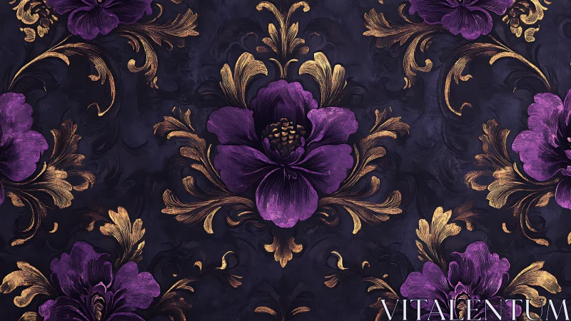 Purple Flowers with Gold Baroque Scrollwork on Dark Background