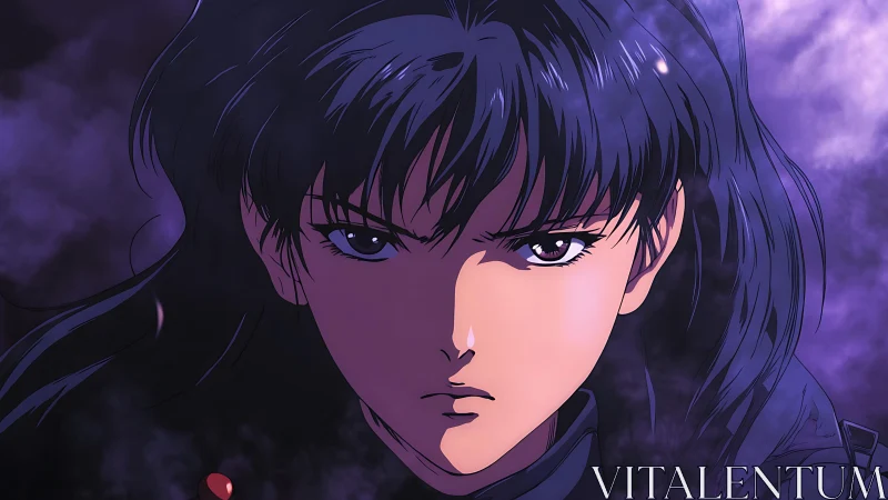Focused anime heroine in violet atmospheric backlighting.