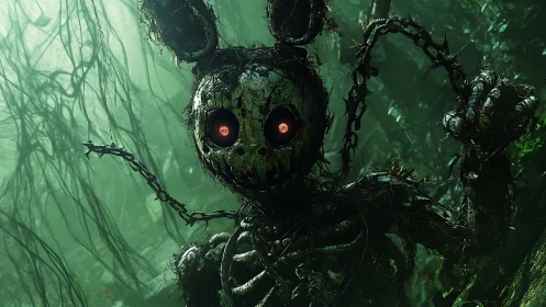 Rotting rabbit automaton stalks through overgrown jungle