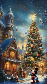 Snowy village starry Christmas tree with joyful cartoon charm.