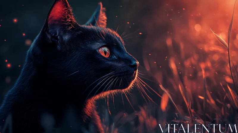 Mystical Black Cat with Glowing Eyes Against Fiery Orange Light