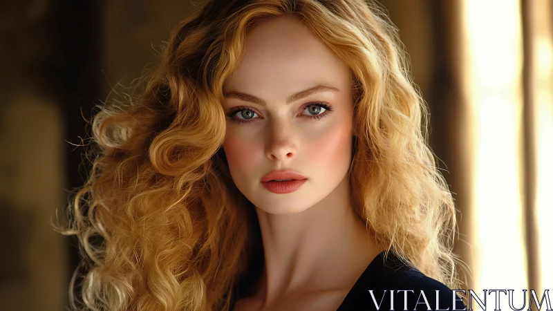 Luminous curly-haired portrait in warm cinematic window light.
