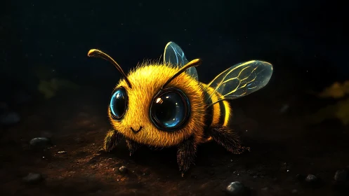 Bright-eyed bumblebee character glows softly in the dark