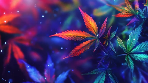 Neon cannabis leaves glow in a vibrant cosmic haze