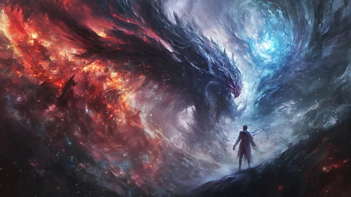 Lone figure confronts vast cosmic dragon in swirling void.