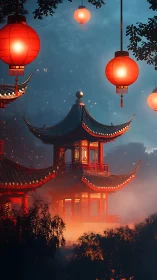 Lantern-lit pagoda in atmospheric dusk fog simulation.