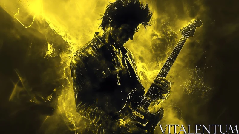 Electric guitarist silhouette in glowing yellow smoke storm.