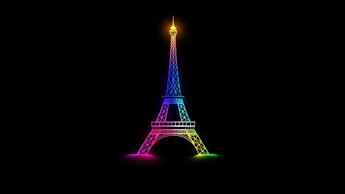 Neon line-art Eiffel Tower in chromatic gradient silhouette.