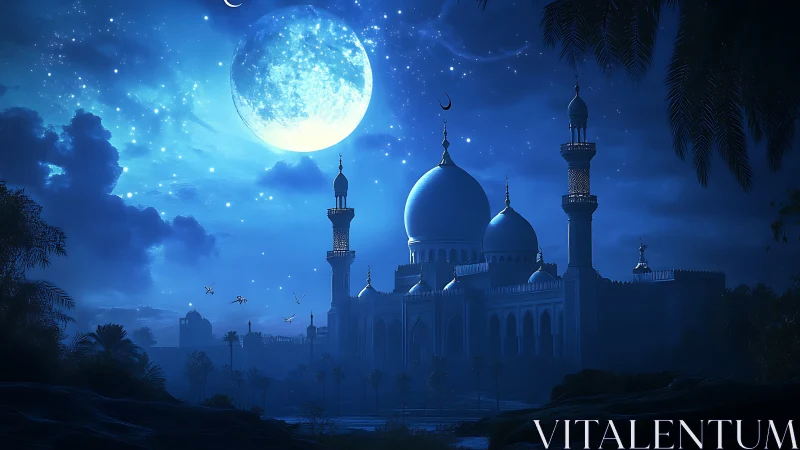 Moonlit blue mosque skyline under a bright night sky.