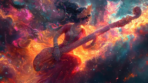 Celestial musician strumming starlit melodies in firebright skies.