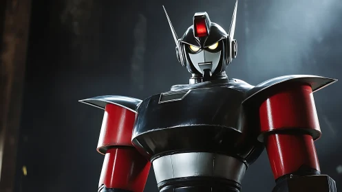 High-contrast mecha bust with reflective armor and rim lighting