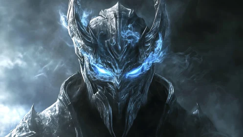 Runed ice helm warlord with spectral blue energy eyes staring