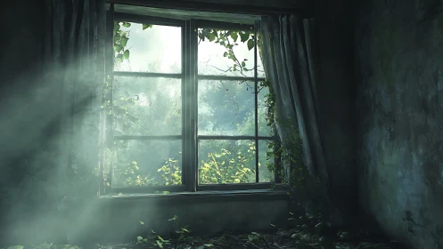 Overgrown window admits soft morning light into decayed room
