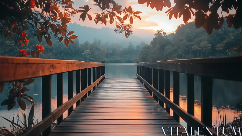 Wooden lakeside pier under warm sunset light over water.
