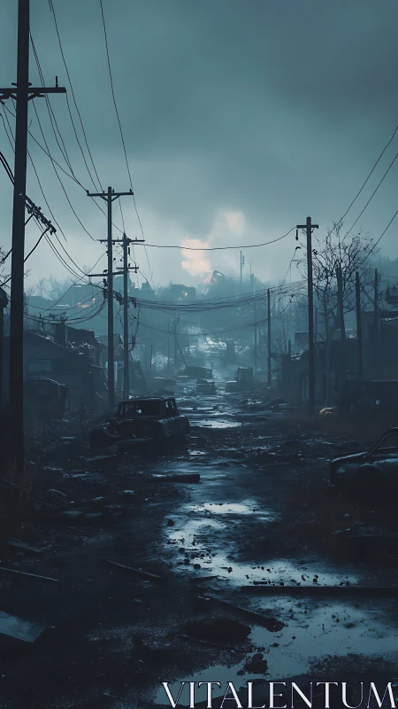 Post-apocalyptic flooded street under stormy teal sky.